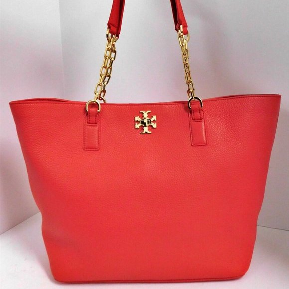 Tory Burch Red Pebbled Leather Large Chain Tote Shoulder Bag - Picture 1 of 6
